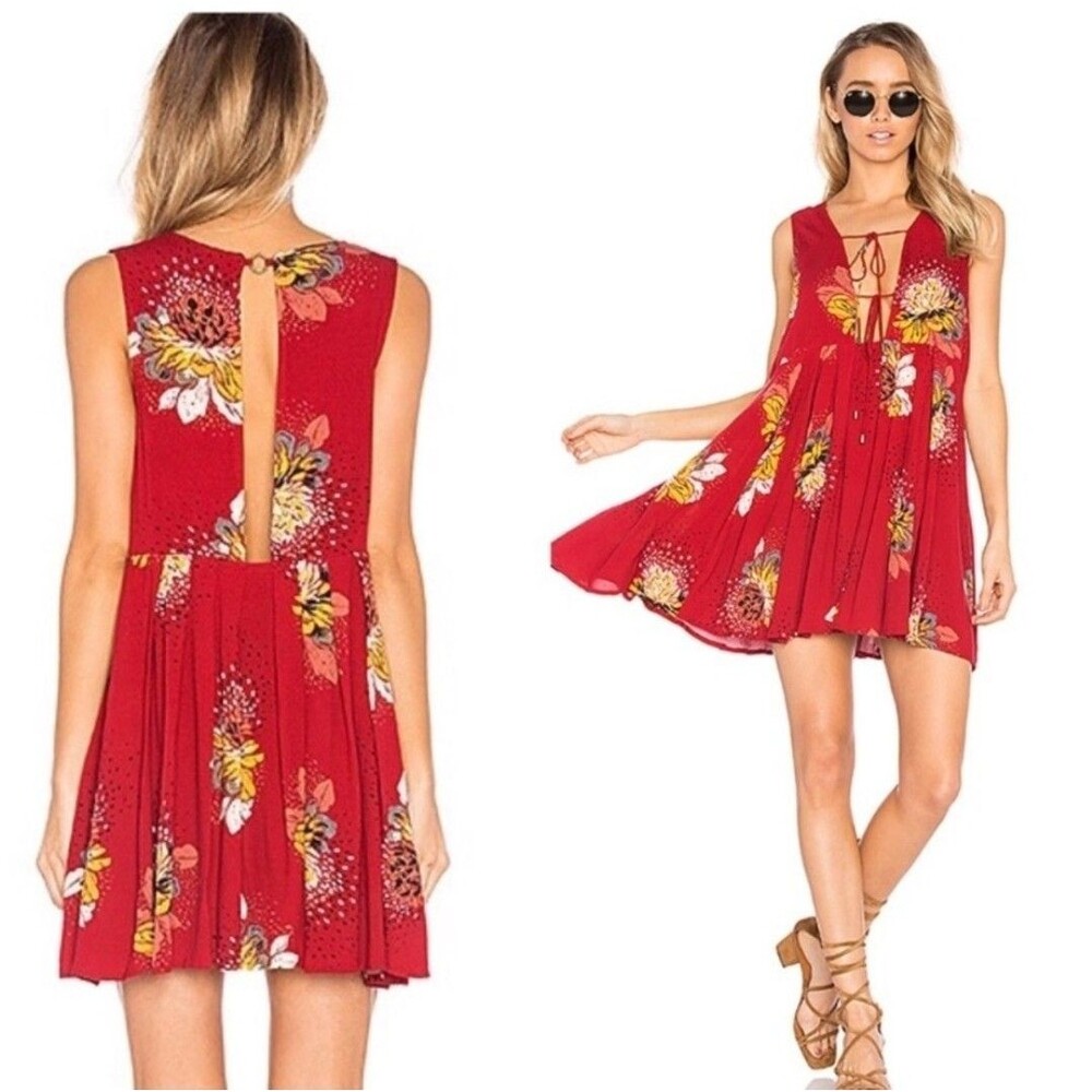Free People Women Mini Dress LOVELY DAY Tunic Red Floral Boho Tie Up Medium